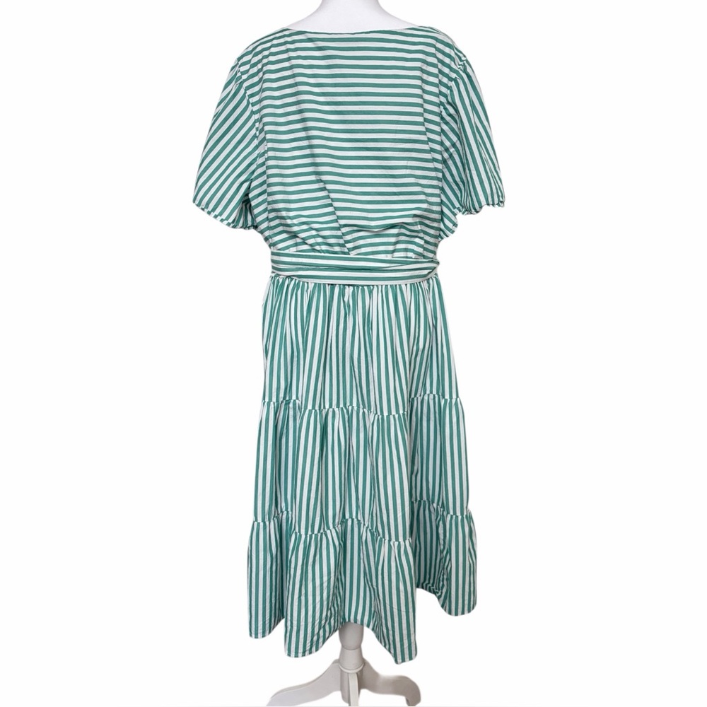 Kim Rogers Curvy 2X Green White Stripe Tiered Dress Tie Flutter Sleeve Midi - Picture 2 of 4